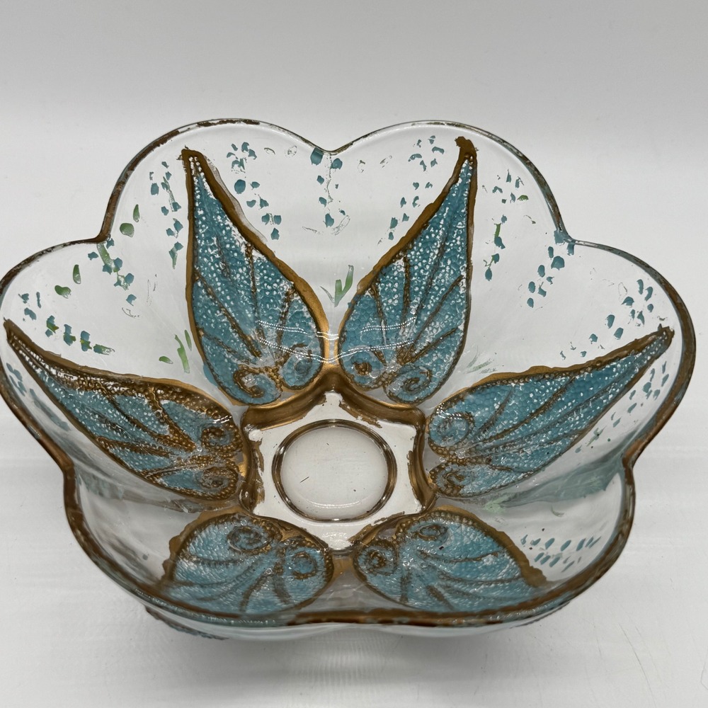 Vintage Hand Blown Art Glass Ruffle Bowl Turquoise Raised Dot Enamel Gold Leaves